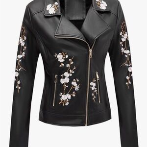 New:Embroidered faux leather black jacket